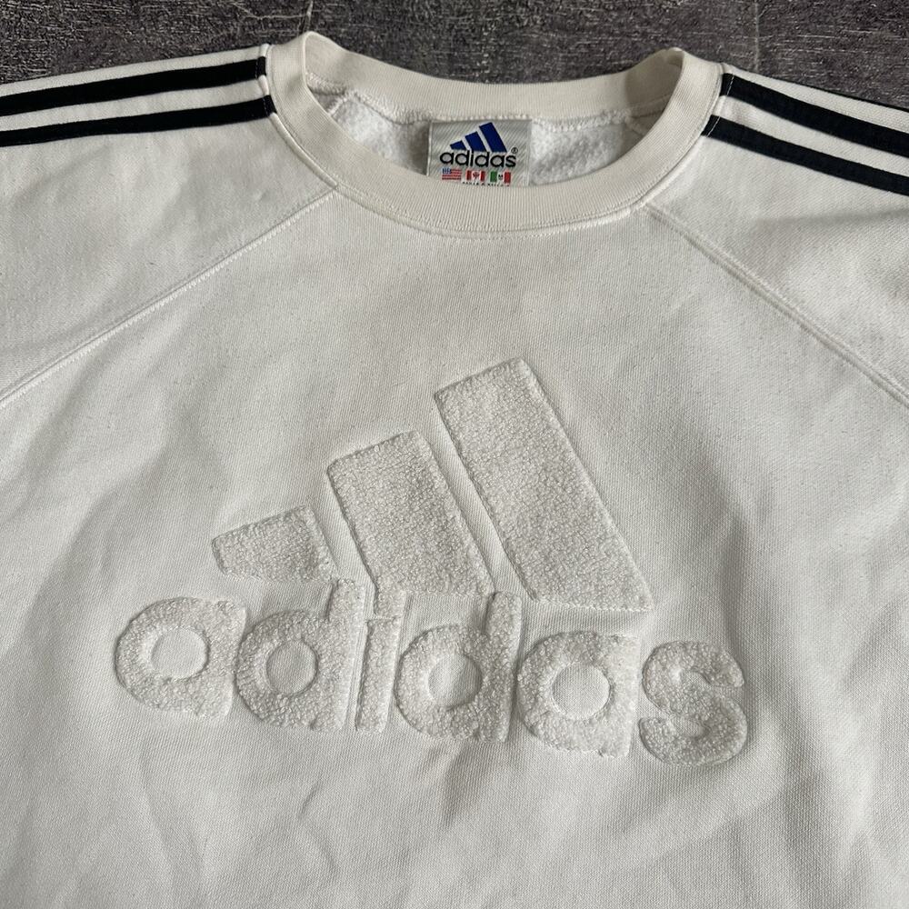 Womens Vintage 90s Adidas White Black Big Logo Crewneck Pullover Sweatshirt Sz L